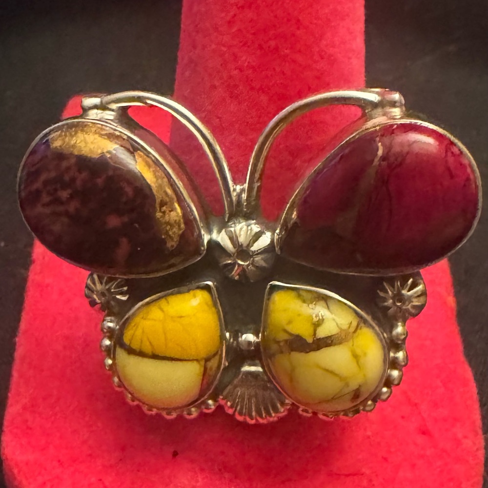 Sterling silver southwestern style red and honey Dahlia butterfly ring size 8adj